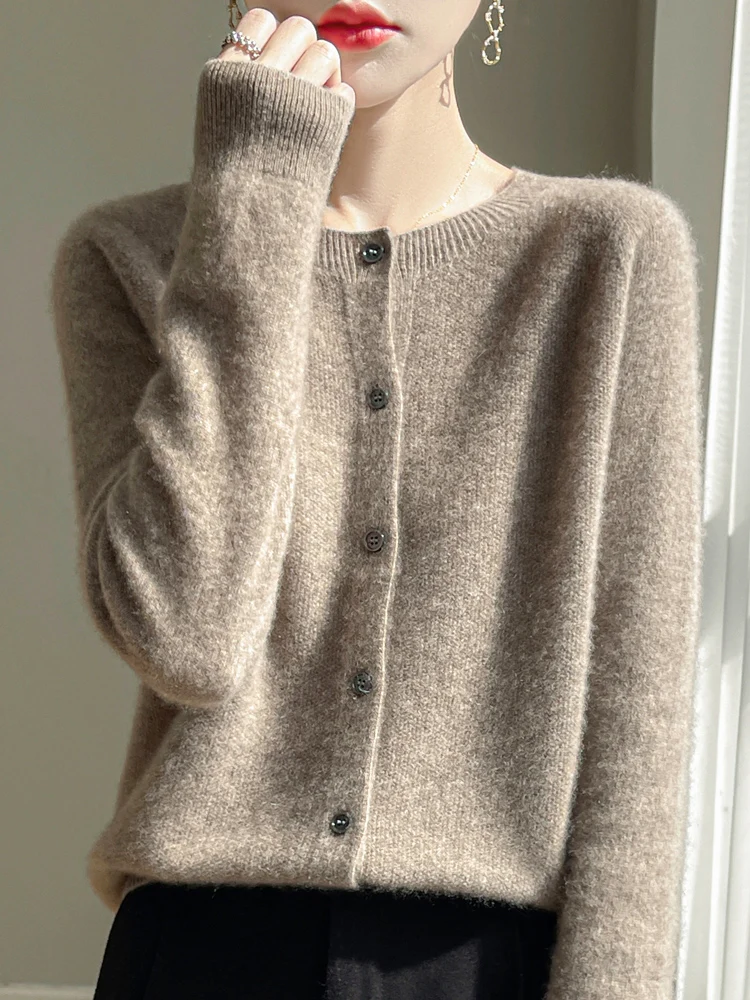 Women 100% Merino Wool Cardigan Soft O-Neck Cashmere Sweater OL Buttoned Knitwear Casual Top Clothing Korean Style