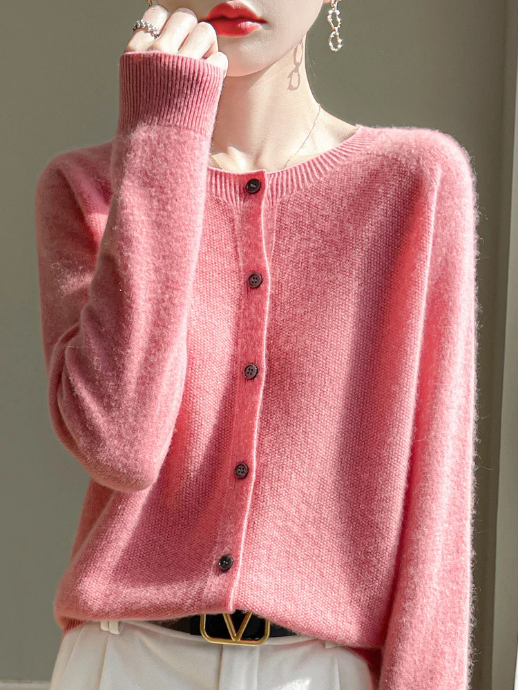Women 100% Merino Wool Cardigan Soft O-Neck Cashmere Sweater OL Buttoned Knitwear Casual Top Clothing Korean Style