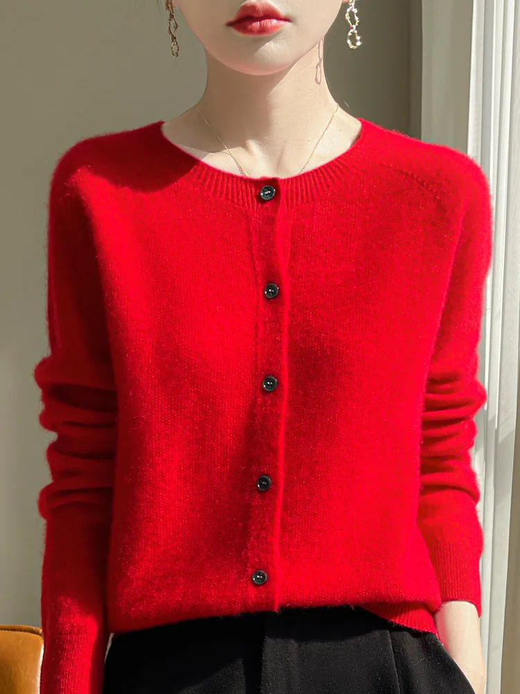 Women 100% Merino Wool Cardigan Soft O-Neck Cashmere Sweater OL Buttoned Knitwear Casual Top Clothing Korean Style