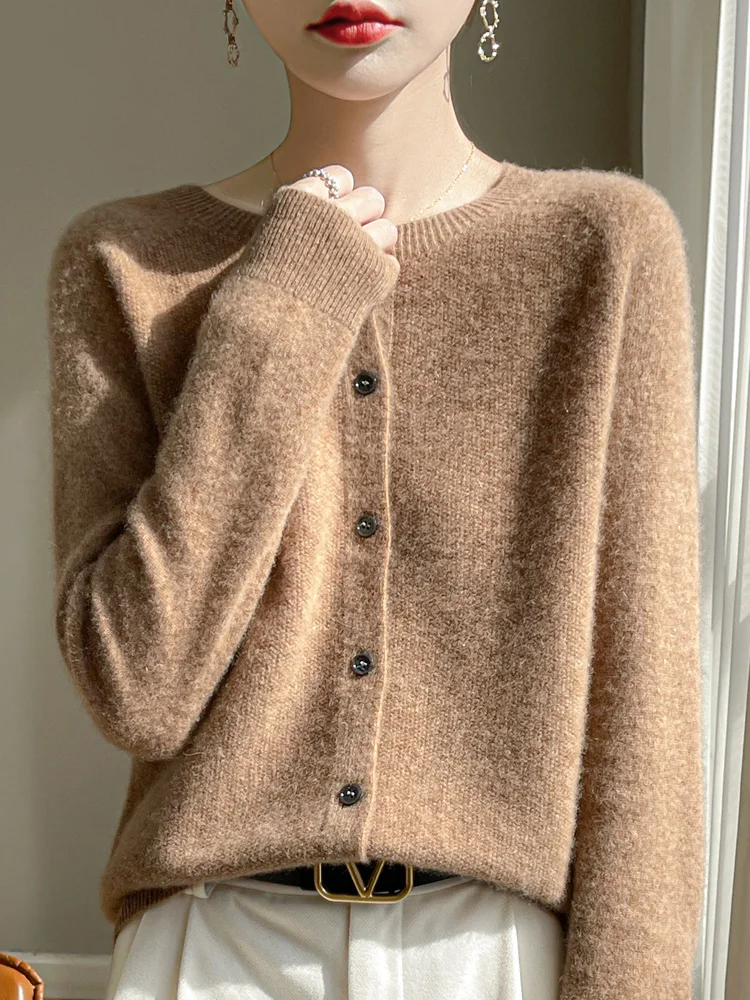 Women 100% Merino Wool Cardigan Soft O-Neck Cashmere Sweater OL Buttoned Knitwear Casual Top Clothing Korean Style