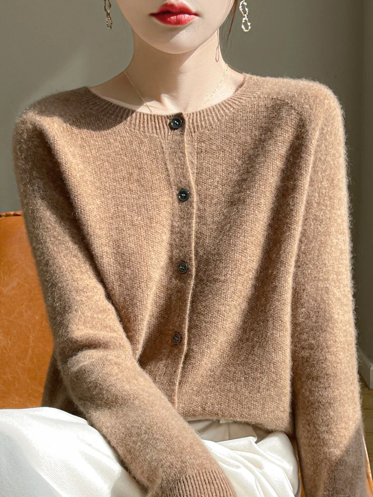 Women 100% Merino Wool Cardigan Soft O-Neck Cashmere Sweater OL Buttoned Knitwear Casual Top Clothing Korean Style