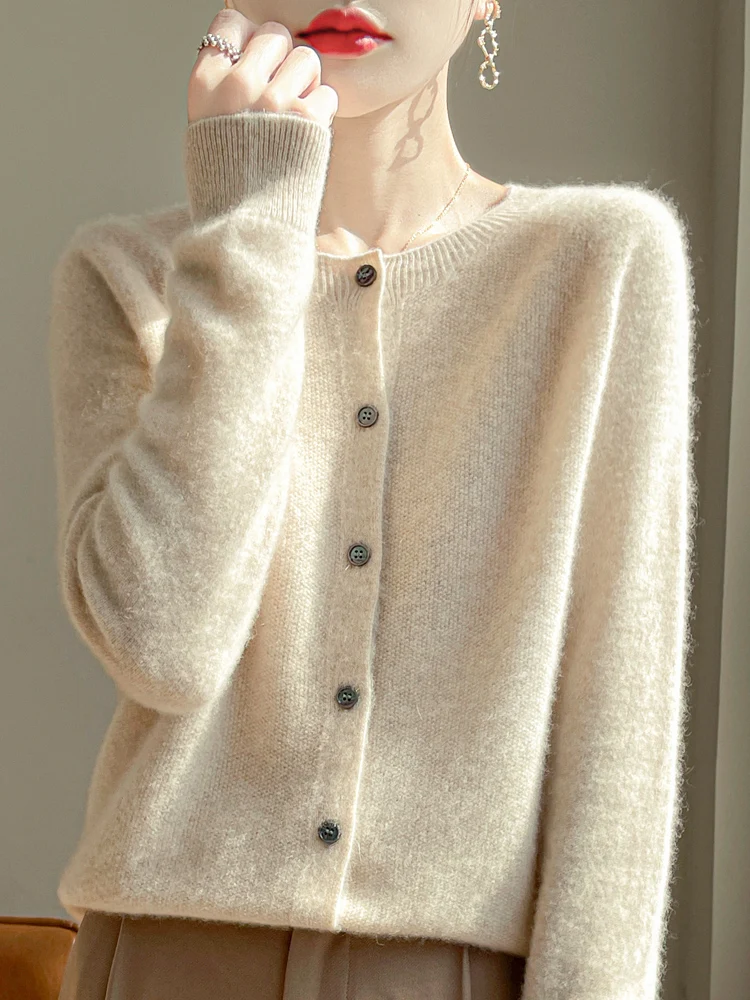 Women 100% Merino Wool Cardigan Soft O-Neck Cashmere Sweater OL Buttoned Knitwear Casual Top Clothing Korean Style