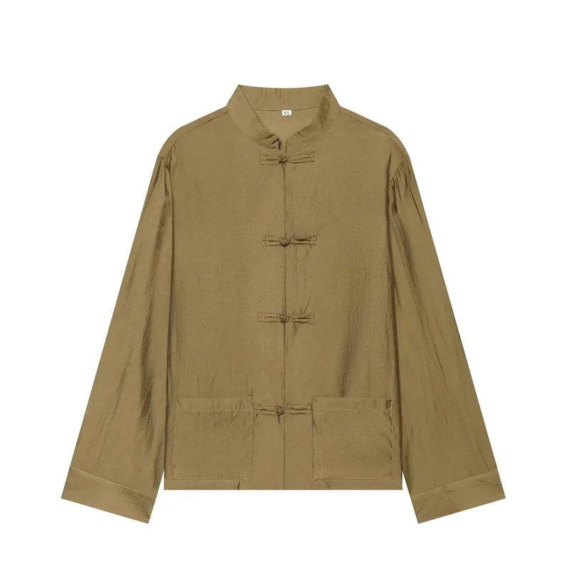 2026 Vintage Chinese Knot Satin Shirt Women's Stand Collar Long Sleeve Shirt Elegant Tang-style Top