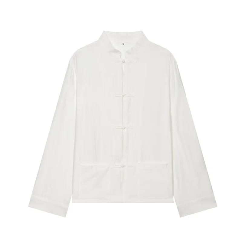 2026 Vintage Chinese Knot Satin Shirt Women's Stand Collar Long Sleeve Shirt Elegant Tang-style Top