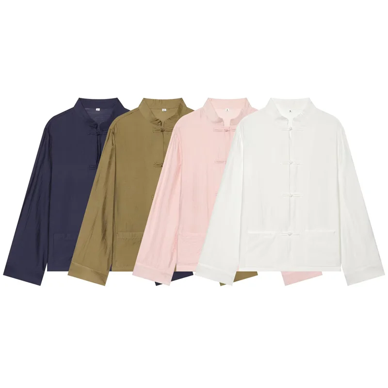 2026 Vintage Chinese Knot Satin Shirt Women's Stand Collar Long Sleeve Shirt Elegant Tang-style Top