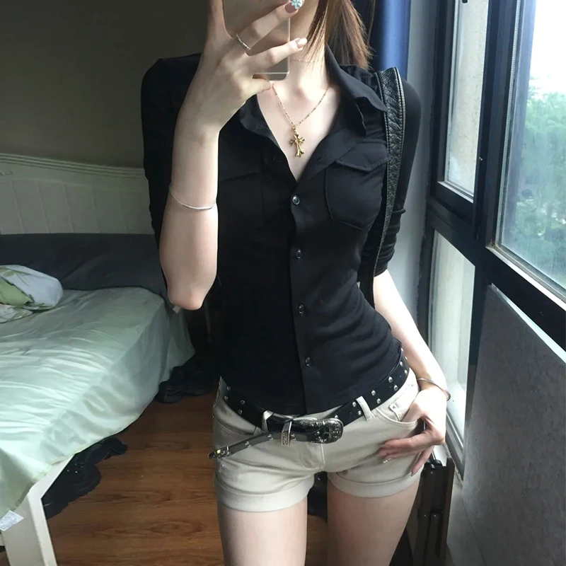Genayooa Y2k Japanese Balck Shirt Women Three Quarter Sleeve Casual Shirt Pocket American Retro Crop Tops Streetwear Grunge Tops