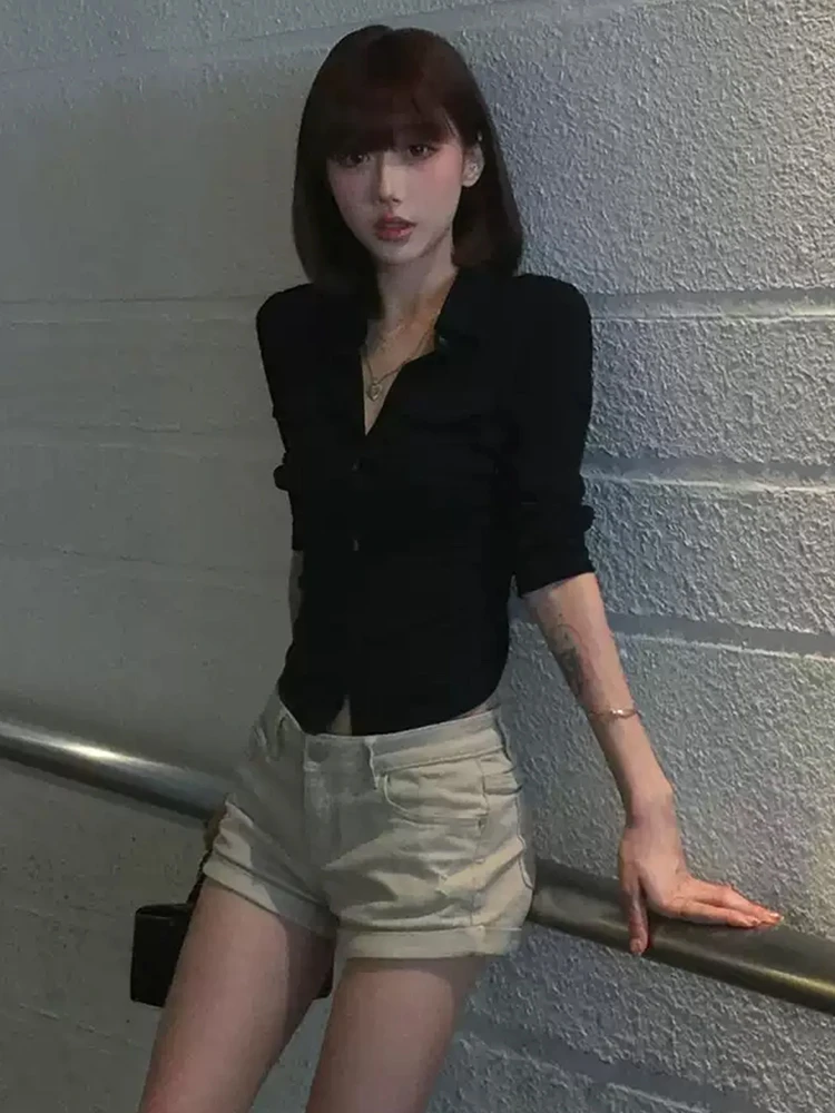 Genayooa Y2k Japanese Balck Shirt Women Three Quarter Sleeve Casual Shirt Pocket American Retro Crop Tops Streetwear Grunge Tops