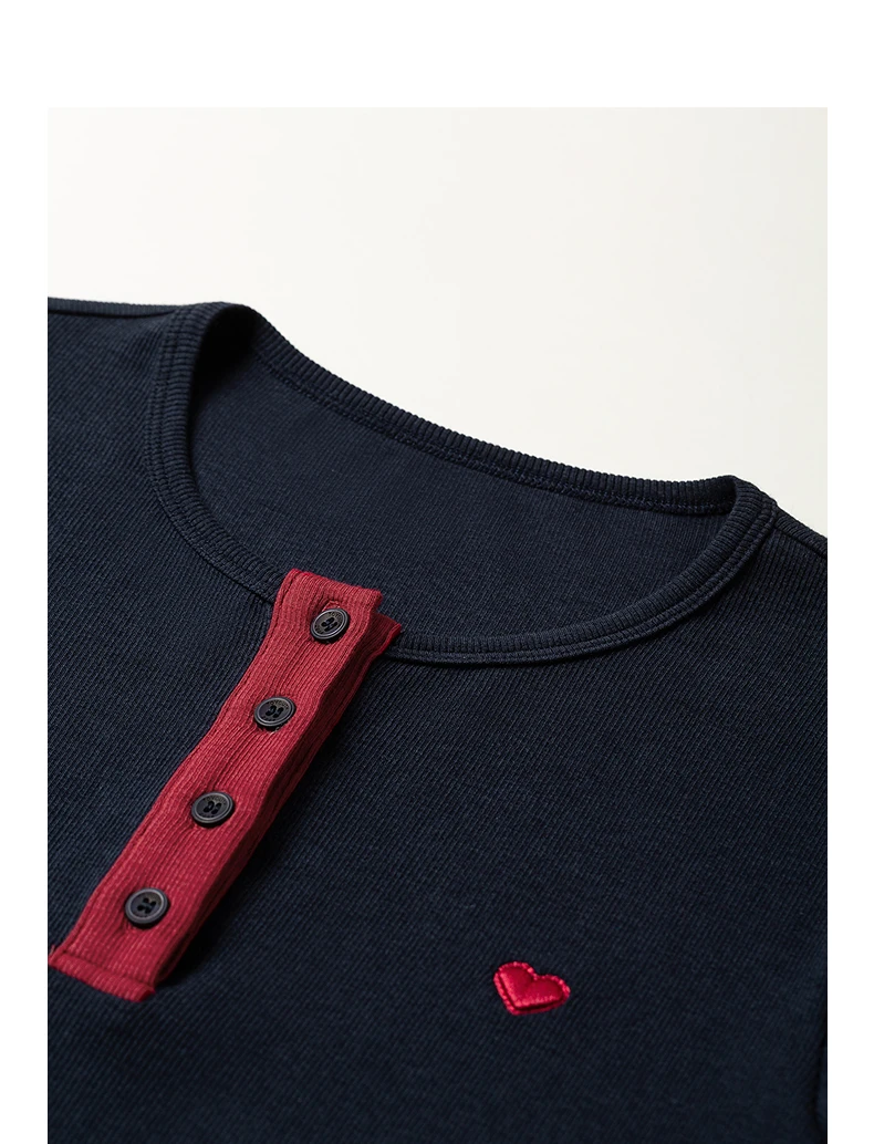 TOYOUTH Women's Henley T-Shirt Fall 2026 Soft Breathable Fiber Slim Fit Contrast Color Buttons Heart Embroidery Long Top