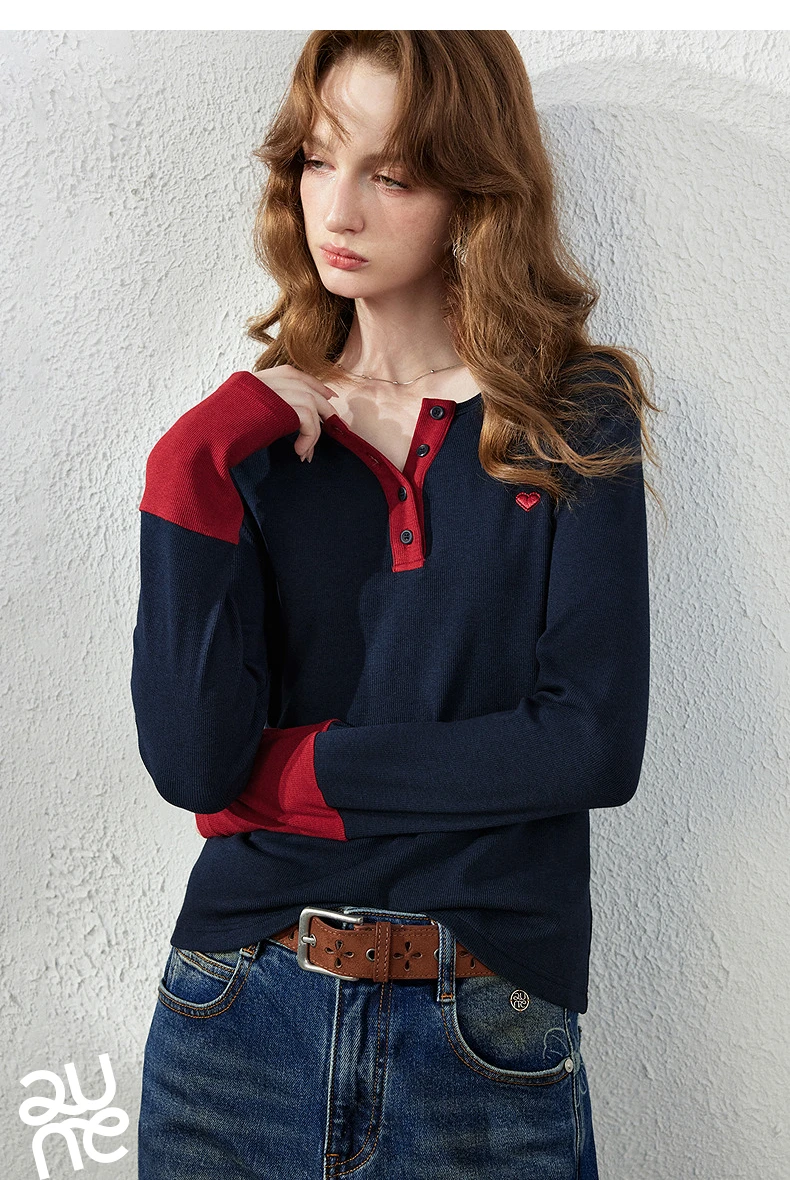 TOYOUTH Women's Henley T-Shirt Fall 2026 Soft Breathable Fiber Slim Fit Contrast Color Buttons Heart Embroidery Long Top