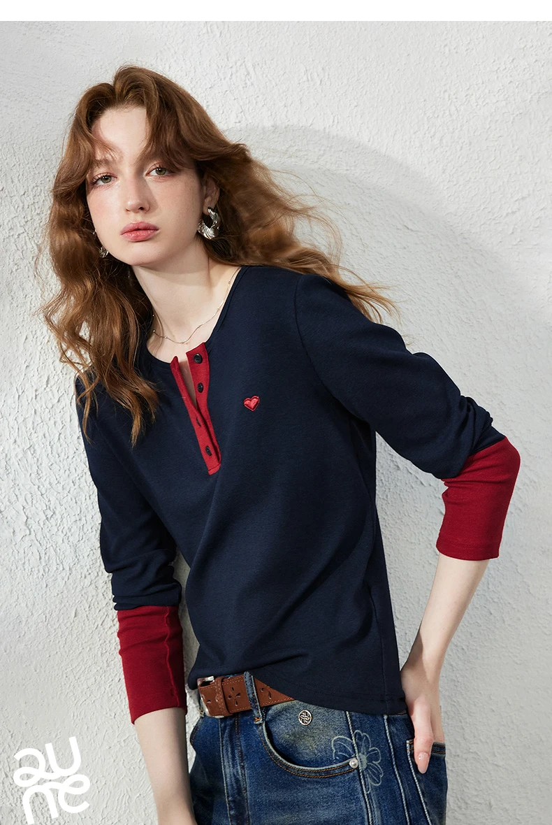 TOYOUTH Women's Henley T-Shirt Fall 2026 Soft Breathable Fiber Slim Fit Contrast Color Buttons Heart Embroidery Long Top