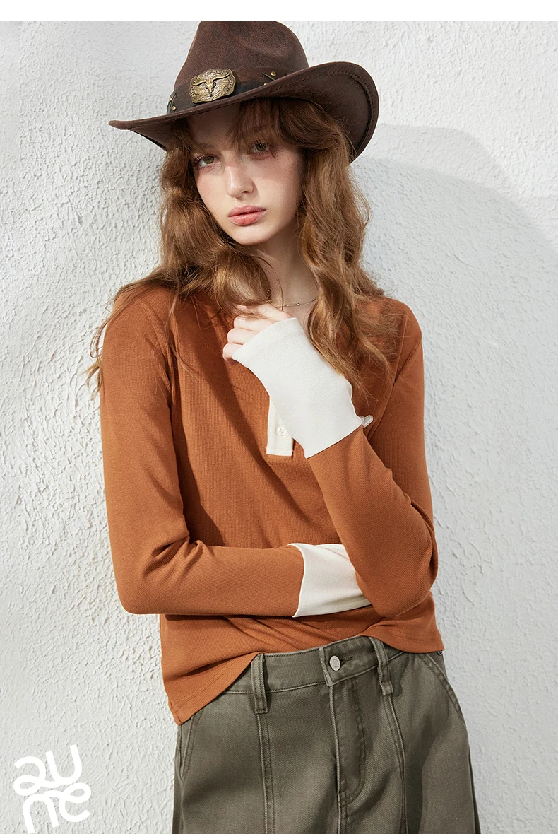 TOYOUTH Women's Henley T-Shirt Fall 2026 Soft Breathable Fiber Slim Fit Contrast Color Buttons Heart Embroidery Long Top