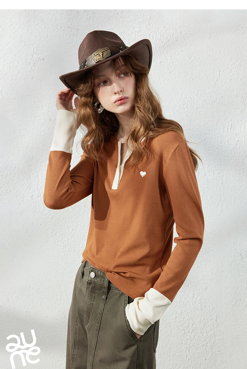 TOYOUTH Women's Henley T-Shirt Fall 2026 Soft Breathable Fiber Slim Fit Contrast Color Buttons Heart Embroidery Long Top