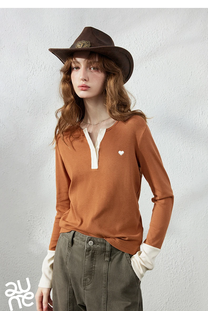 TOYOUTH Women's Henley T-Shirt Fall 2026 Soft Breathable Fiber Slim Fit Contrast Color Buttons Heart Embroidery Long Top