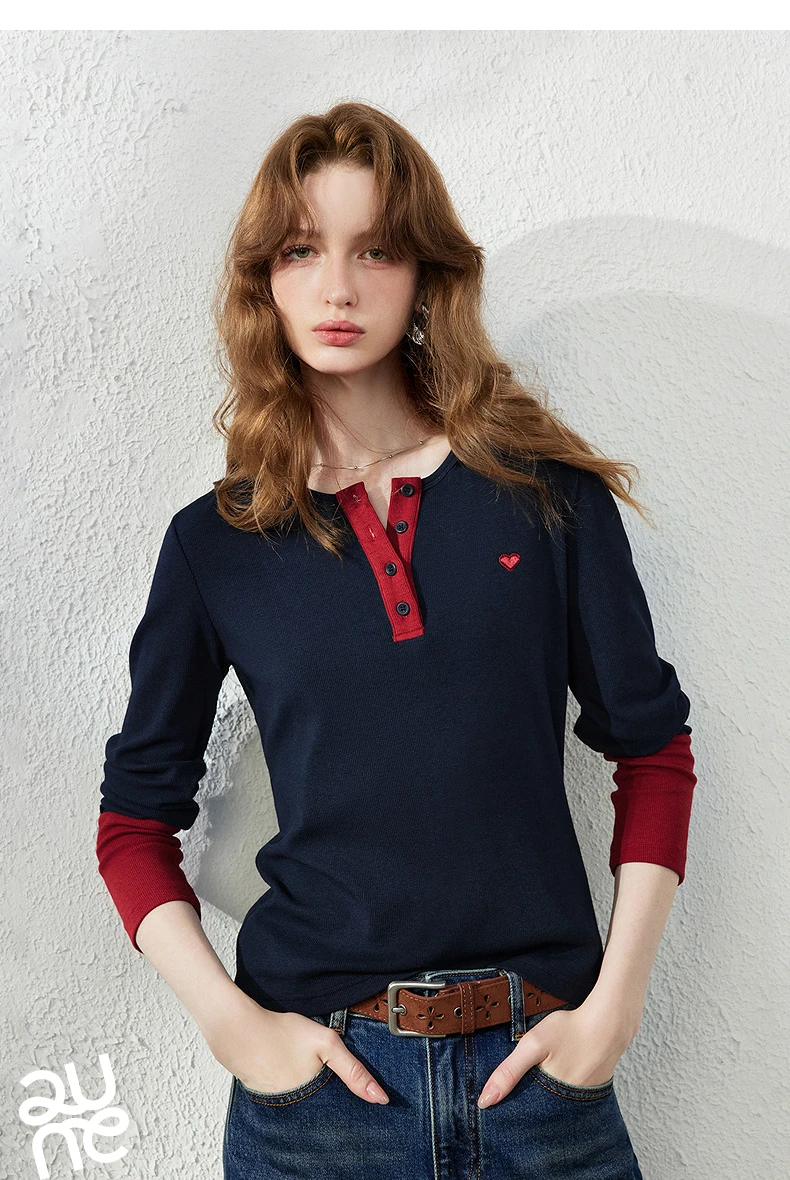 TOYOUTH Women's Henley T-Shirt Fall 2026 Soft Breathable Fiber Slim Fit Contrast Color Buttons Heart Embroidery Long Top