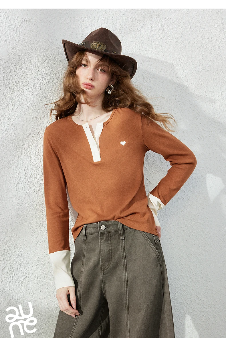 TOYOUTH Women's Henley T-Shirt Fall 2026 Soft Breathable Fiber Slim Fit Contrast Color Buttons Heart Embroidery Long Top