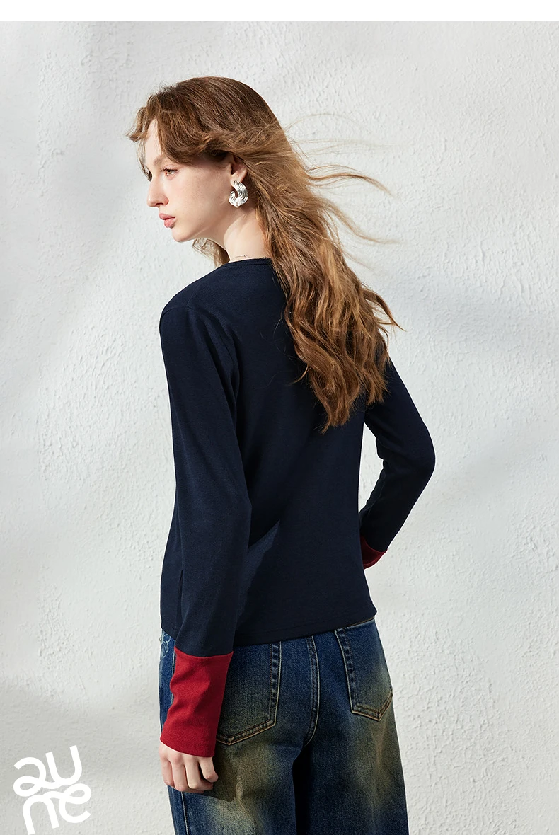TOYOUTH Women's Henley T-Shirt Fall 2026 Soft Breathable Fiber Slim Fit Contrast Color Buttons Heart Embroidery Long Top