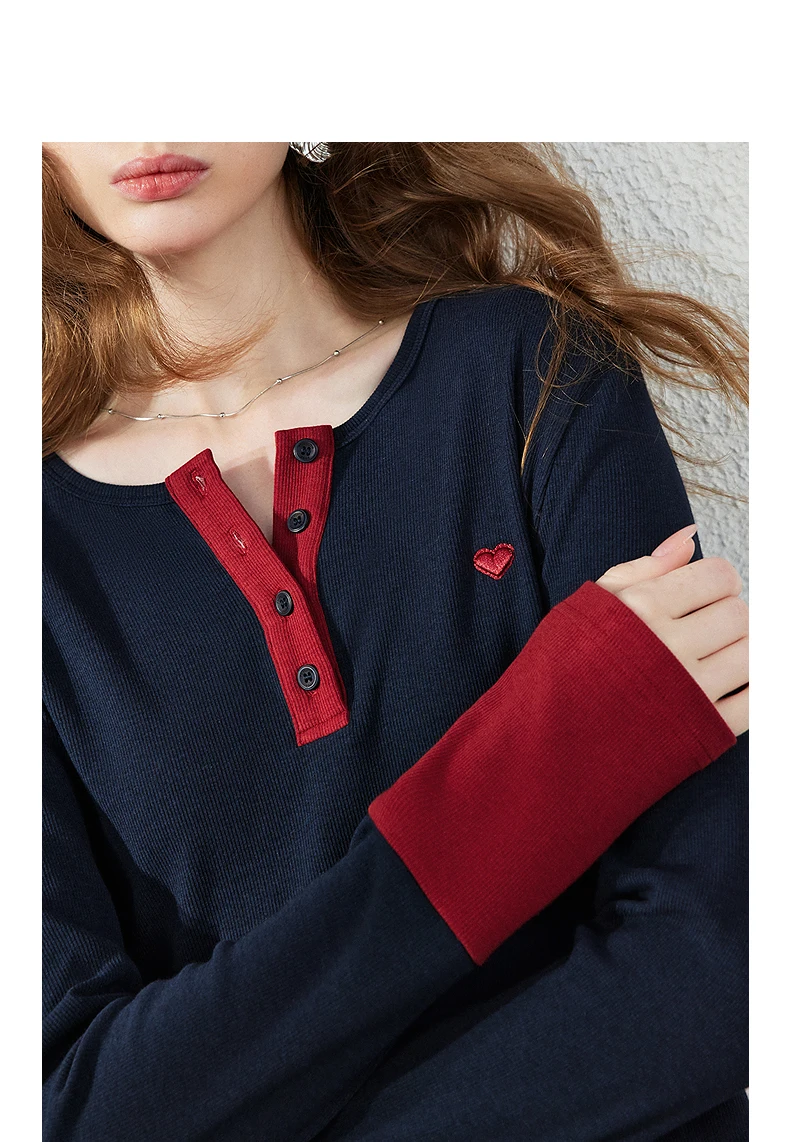 TOYOUTH Women's Henley T-Shirt Fall 2026 Soft Breathable Fiber Slim Fit Contrast Color Buttons Heart Embroidery Long Top