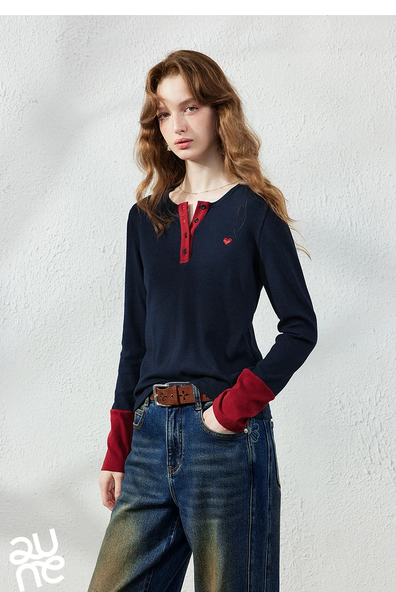 TOYOUTH Women's Henley T-Shirt Fall 2026 Soft Breathable Fiber Slim Fit Contrast Color Buttons Heart Embroidery Long Top