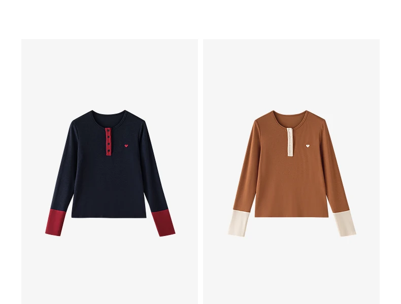 TOYOUTH Women's Henley T-Shirt Fall 2026 Soft Breathable Fiber Slim Fit Contrast Color Buttons Heart Embroidery Long Top