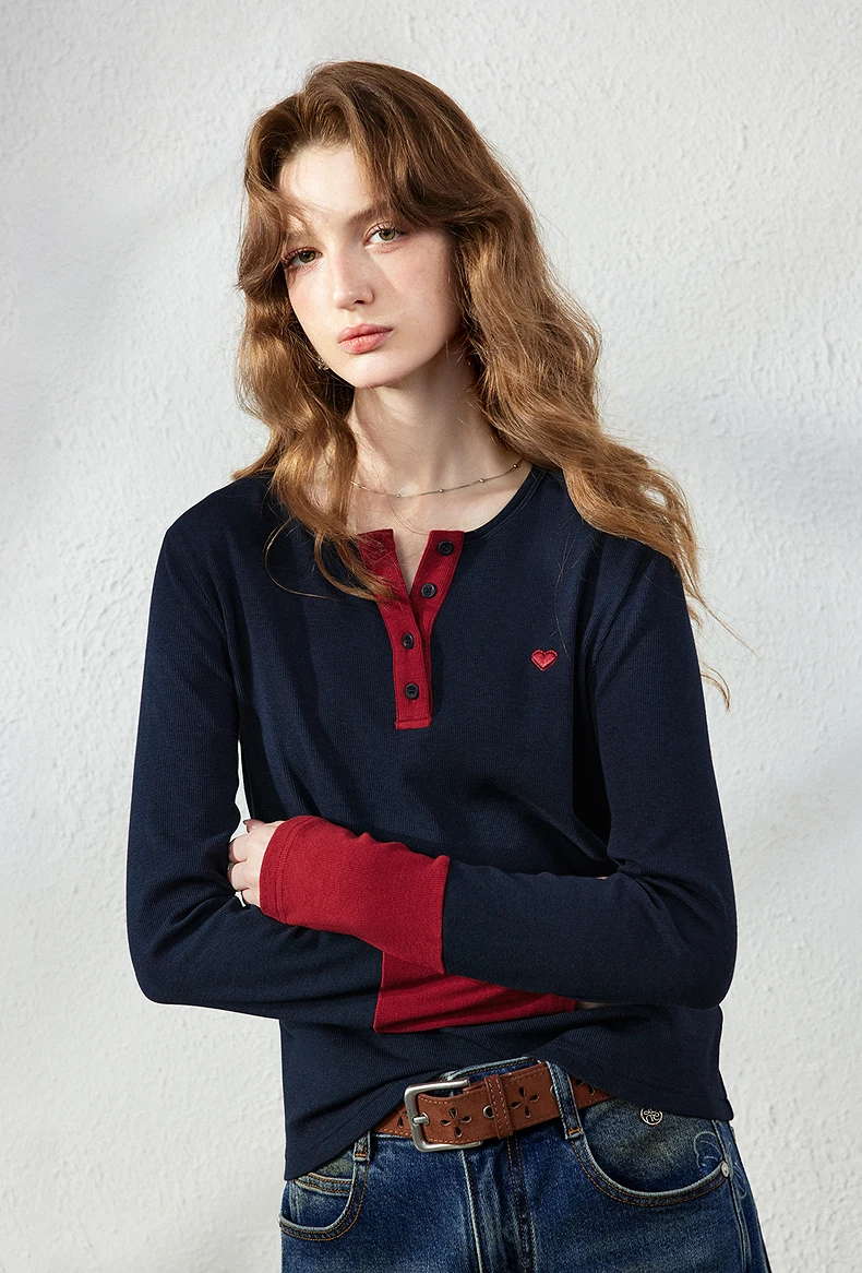 TOYOUTH Women's Henley T-Shirt Fall 2026 Soft Breathable Fiber Slim Fit Contrast Color Buttons Heart Embroidery Long Top