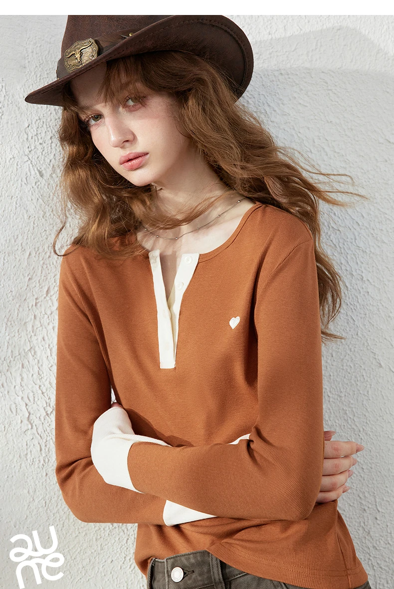 TOYOUTH Women's Henley T-Shirt Fall 2026 Soft Breathable Fiber Slim Fit Contrast Color Buttons Heart Embroidery Long Top