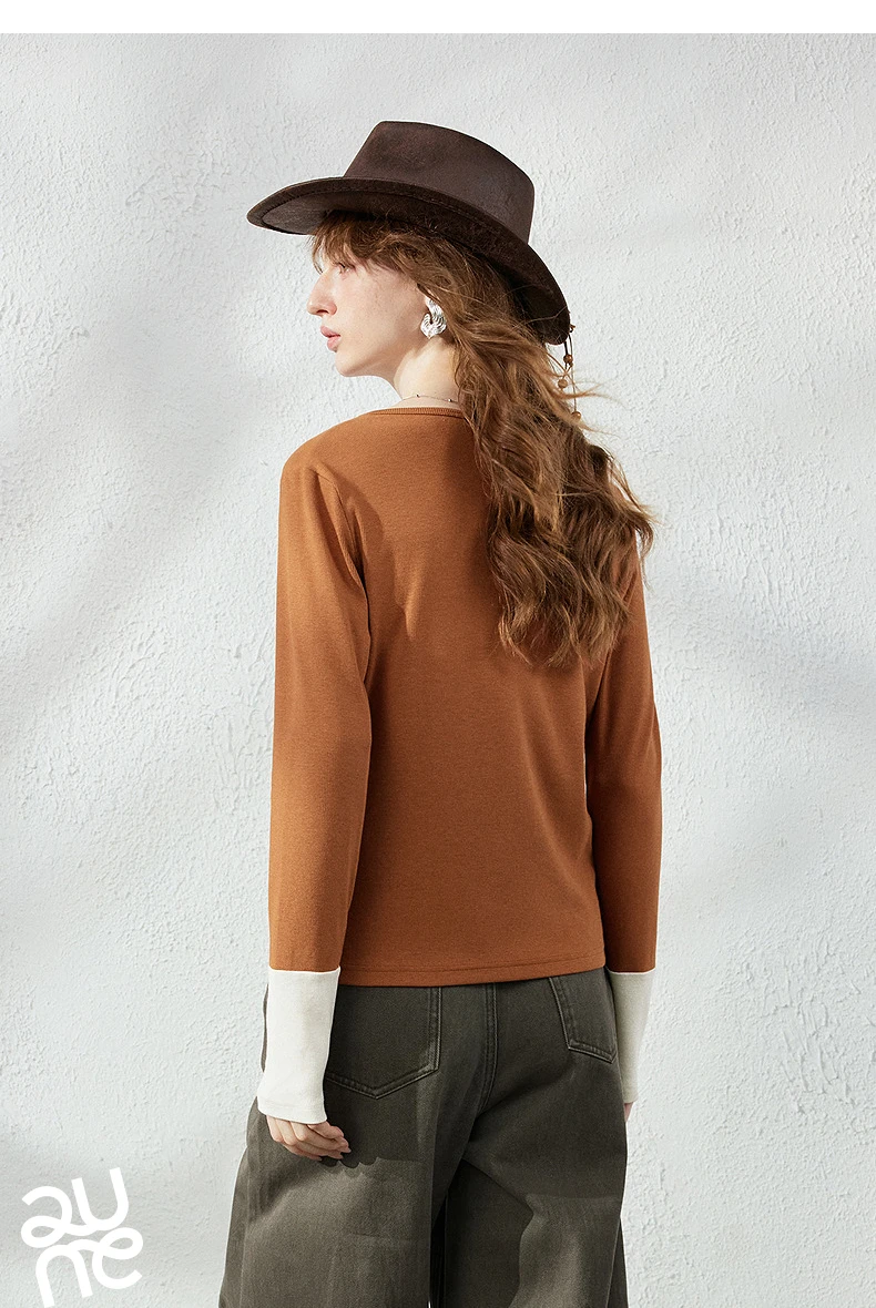 TOYOUTH Women's Henley T-Shirt Fall 2026 Soft Breathable Fiber Slim Fit Contrast Color Buttons Heart Embroidery Long Top
