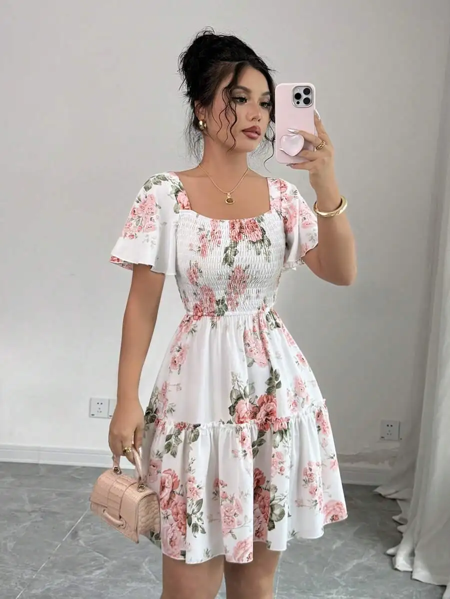 Women Floral Print Sashes Ruffle Hem Short Sleeve Casual Dress, Vacation Style Women's Evening Dresses