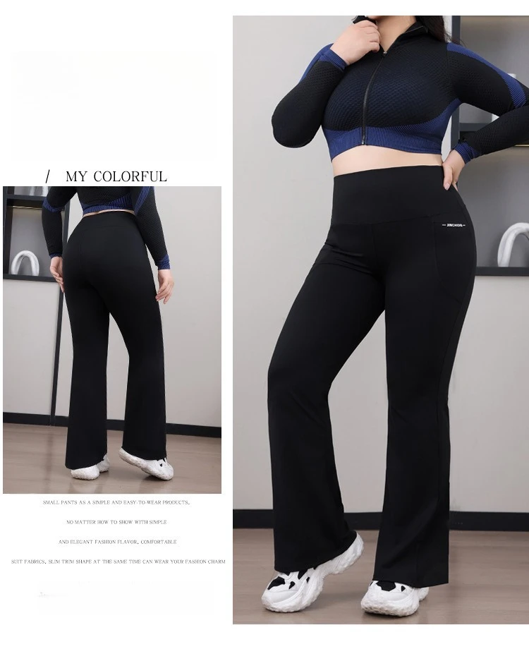 Plus Size Fit Yoga Flared Trousers for Women Semaless Two Sides Pocket Leggings High Waist Push Up Butt Gym Trainning Leggings
