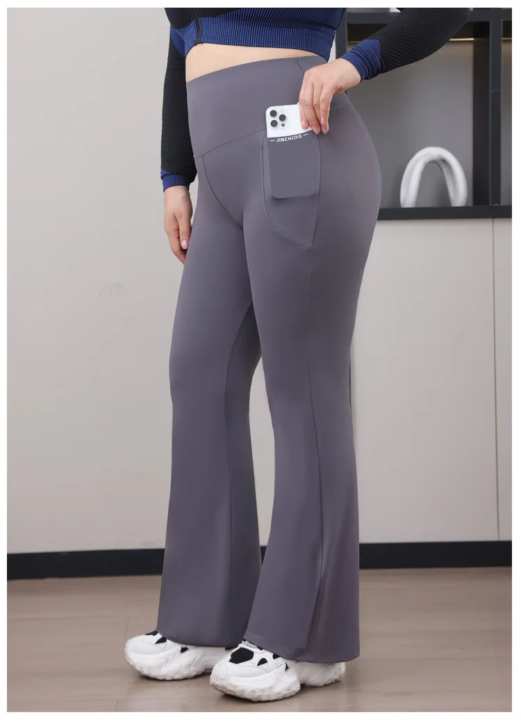Plus Size Fit Yoga Flared Trousers for Women Semaless Two Sides Pocket Leggings High Waist Push Up Butt Gym Trainning Leggings