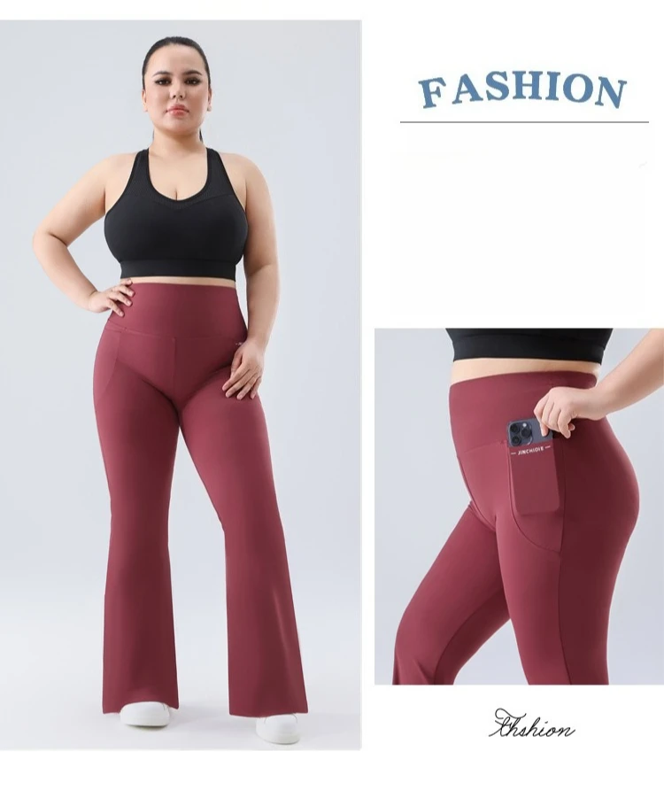 Plus Size Fit Yoga Flared Trousers for Women Semaless Two Sides Pocket Leggings High Waist Push Up Butt Gym Trainning Leggings