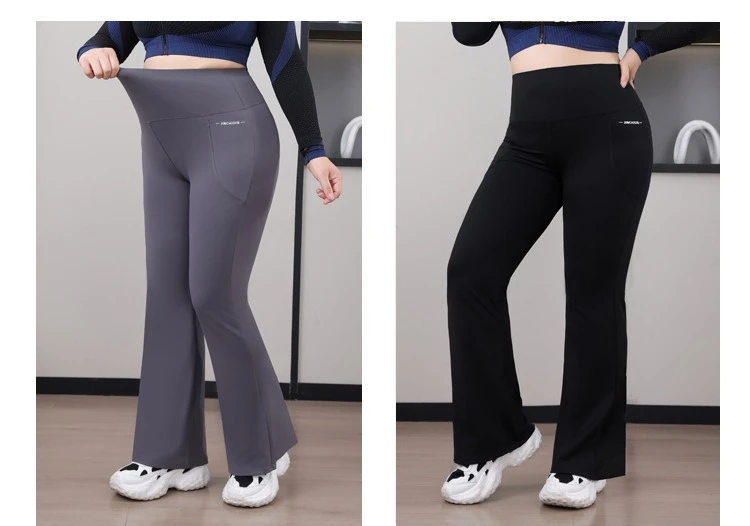 Plus Size Fit Yoga Flared Trousers for Women Semaless Two Sides Pocket Leggings High Waist Push Up Butt Gym Trainning Leggings