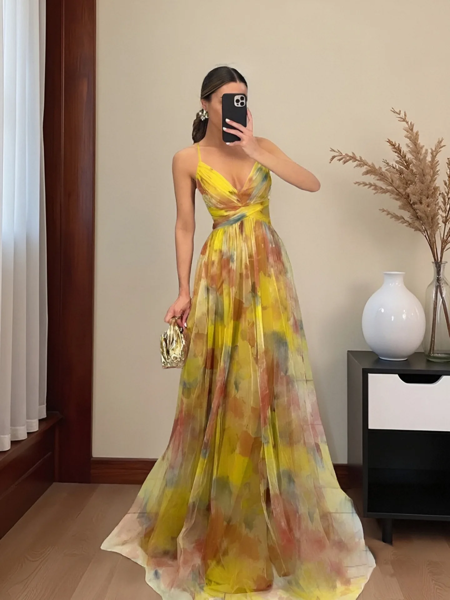 2026 NEW WOMEN'S MESH PRINT BACKLESS CAMISOLE DRESS, LIGHT LUXURY ELEGANT EVENING GOWN FOR PARTIES