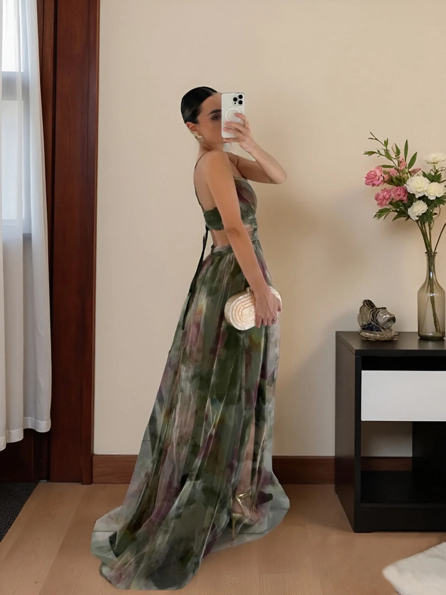 2026 NEW WOMEN'S MESH PRINT BACKLESS CAMISOLE DRESS, LIGHT LUXURY ELEGANT EVENING GOWN FOR PARTIES