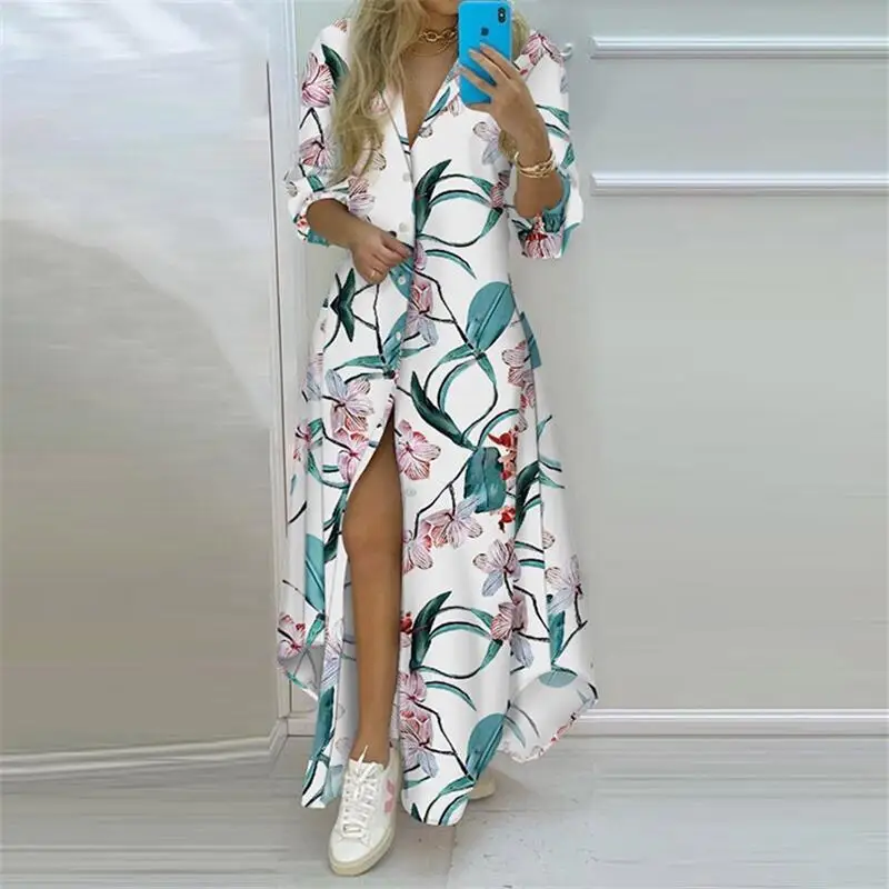Summer Women Boho Printed Long Shirts Elegant Dress Turn-down Collar Long Sleeve Female Casual Split Shirt Evening Maxi Dresses