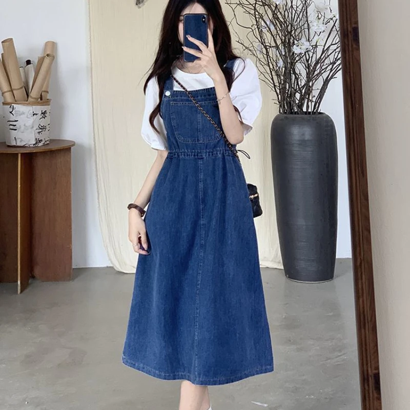 2025 Fashion Women Denim Suspender Skirt Spring Summer Causal Strap Female High Waist A-line Solid Lace-up Woman Skirts