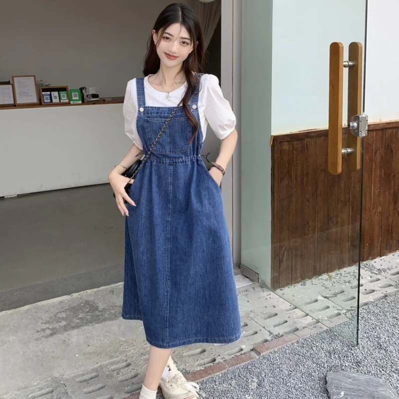 2025 Fashion Women Denim Suspender Skirt Spring Summer Causal Strap Female High Waist A-line Solid Lace-up Woman Skirts