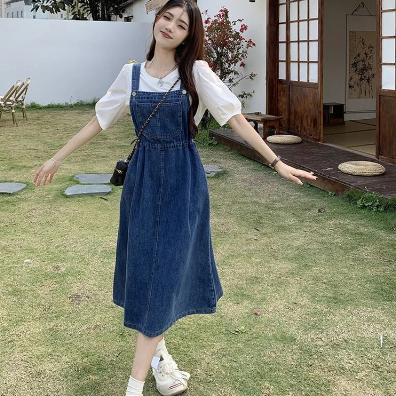 2025 Fashion Women Denim Suspender Skirt Spring Summer Causal Strap Female High Waist A-line Solid Lace-up Woman Skirts