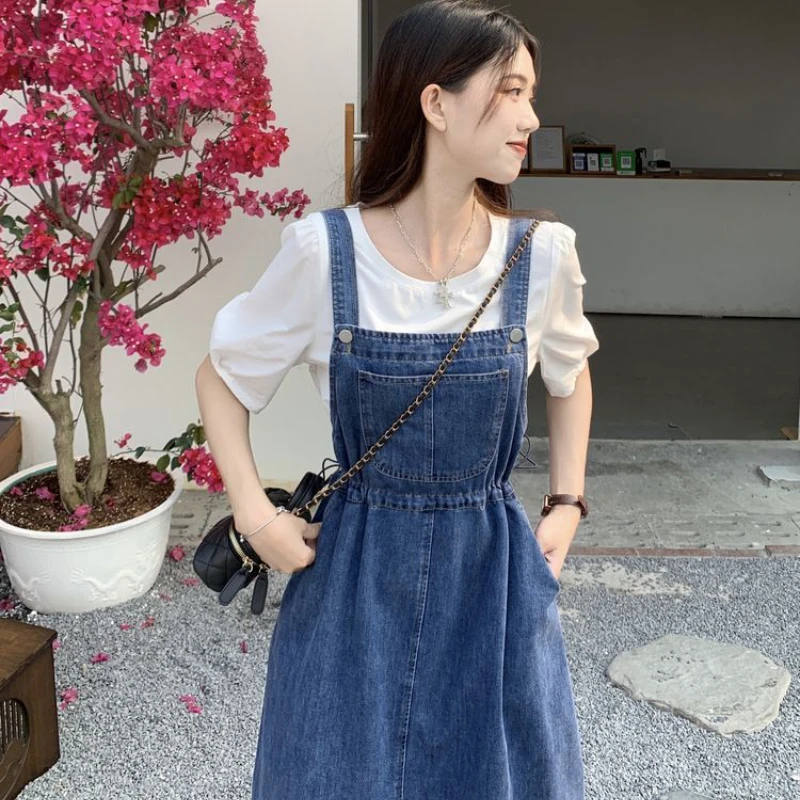 2025 Fashion Women Denim Suspender Skirt Spring Summer Causal Strap Female High Waist A-line Solid Lace-up Woman Skirts