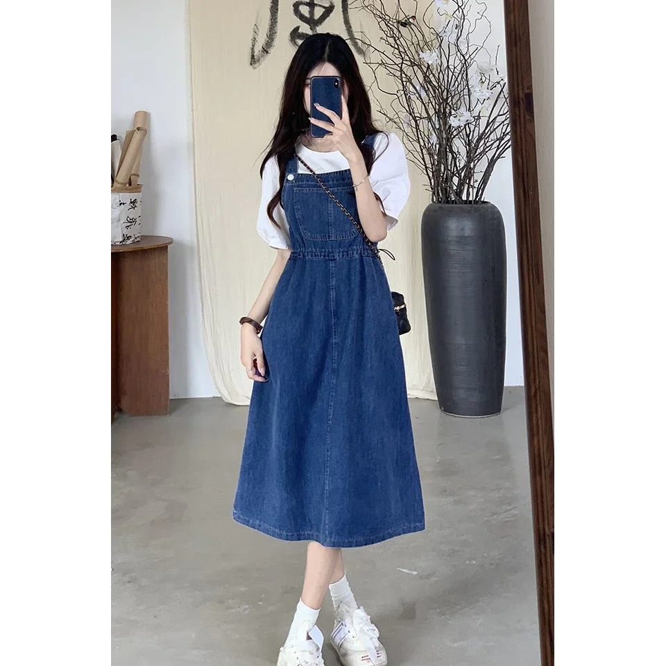 2025 Fashion Women Denim Suspender Skirt Spring Summer Causal Strap Female High Waist A-line Solid Lace-up Woman Skirts