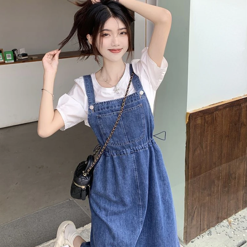 2025 Fashion Women Denim Suspender Skirt Spring Summer Causal Strap Female High Waist A-line Solid Lace-up Woman Skirts
