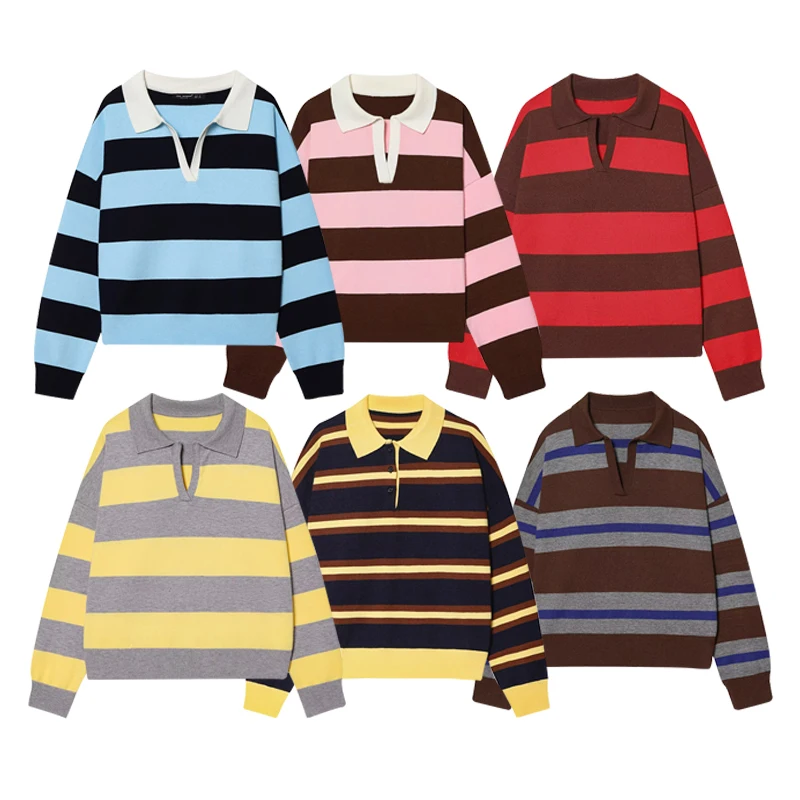 Autumn Women's 2026 New Knitted Striped Sweater Polo Neck Pullover Autumn Fashion Loose Elegant Warm Young Women Sweater Street