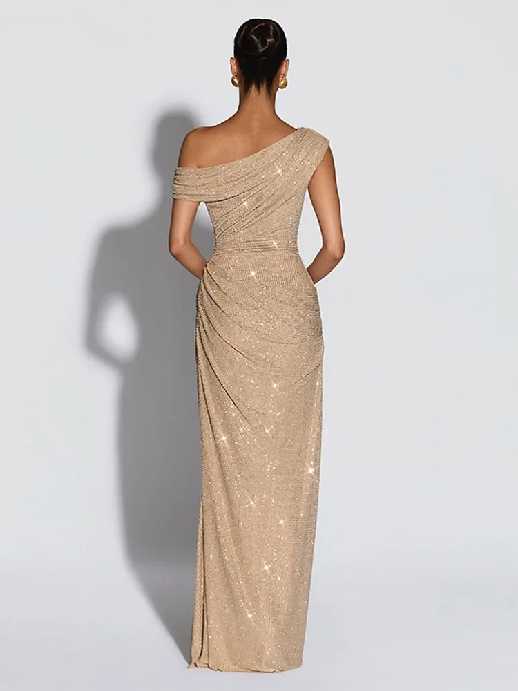 Women's Luxury Nude Sequin Mermaid Prom Dress Off-shoulder Ruched Sparkly Crystals Formal Party Gown Floor-length Evening Dress