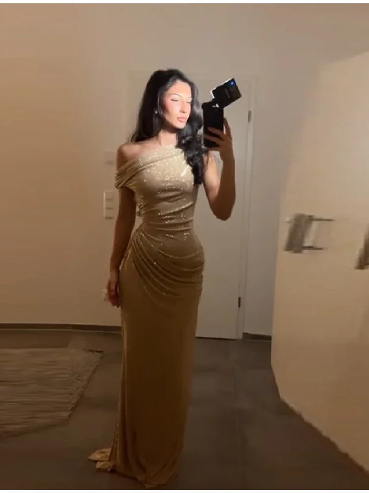 Women's Luxury Nude Sequin Mermaid Prom Dress Off-shoulder Ruched Sparkly Crystals Formal Party Gown Floor-length Evening Dress