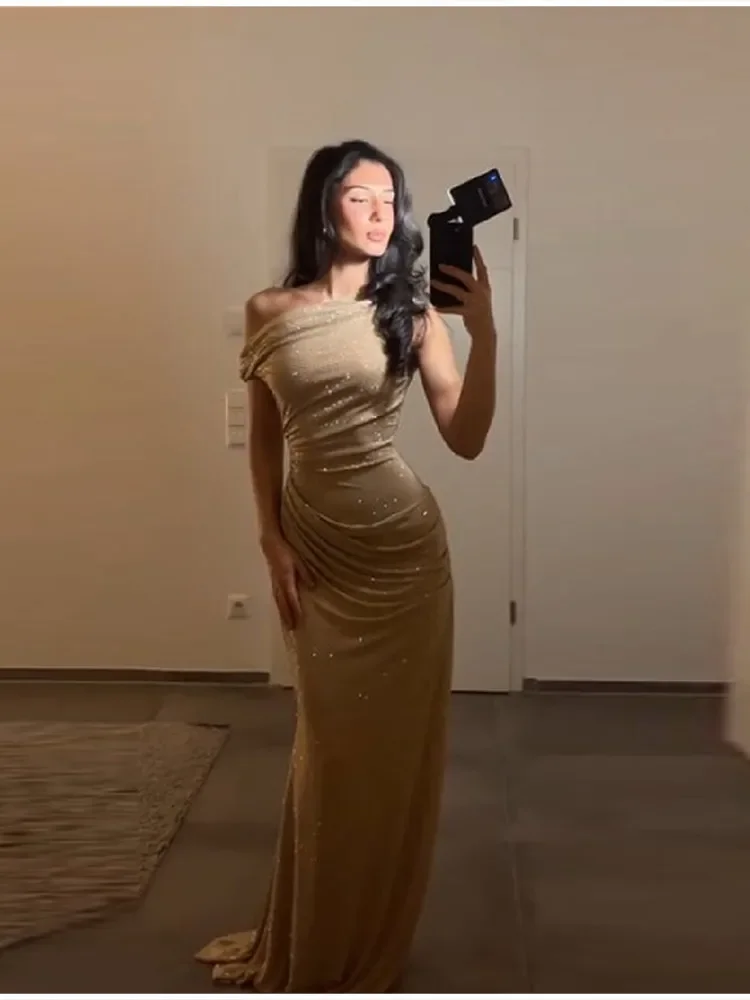 Women's Luxury Nude Sequin Mermaid Prom Dress Off-shoulder Ruched Sparkly Crystals Formal Party Gown Floor-length Evening Dress