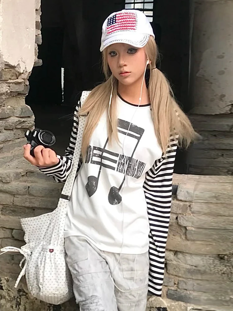 Tonngirls Japanses 2000s T-shirt Women Casual Print Graphic Tops Patchwork Y2k Vintage Grunge Tops American Retro Tshirts E-girl