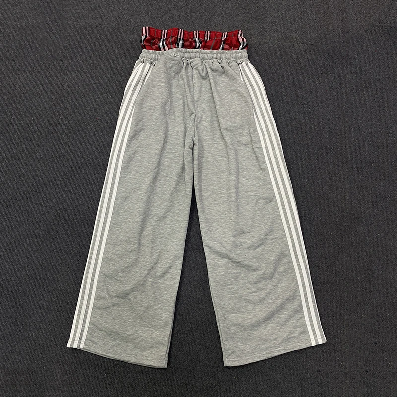 Women's Spring Checkered Double-Waisted Casual Pants Loose Street Fashion Sweatpants with Letter Embroidery