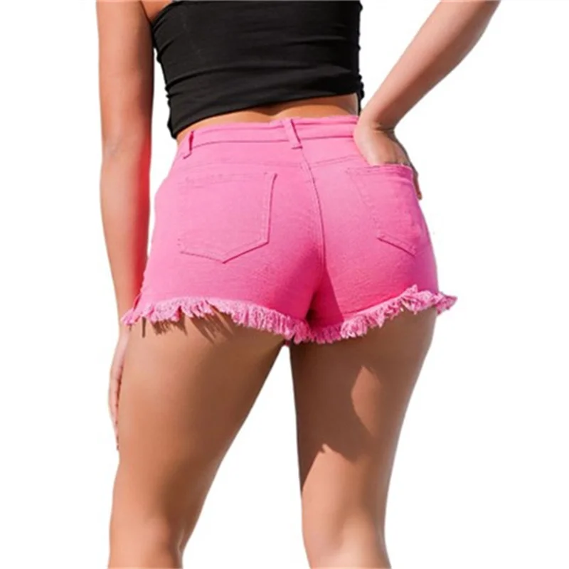 Women Solid Color Washed Denim Shorts Fashion Tassel Trouser Leg Decoration Three Quarter Pants Summer Casual Female Mini Jeans