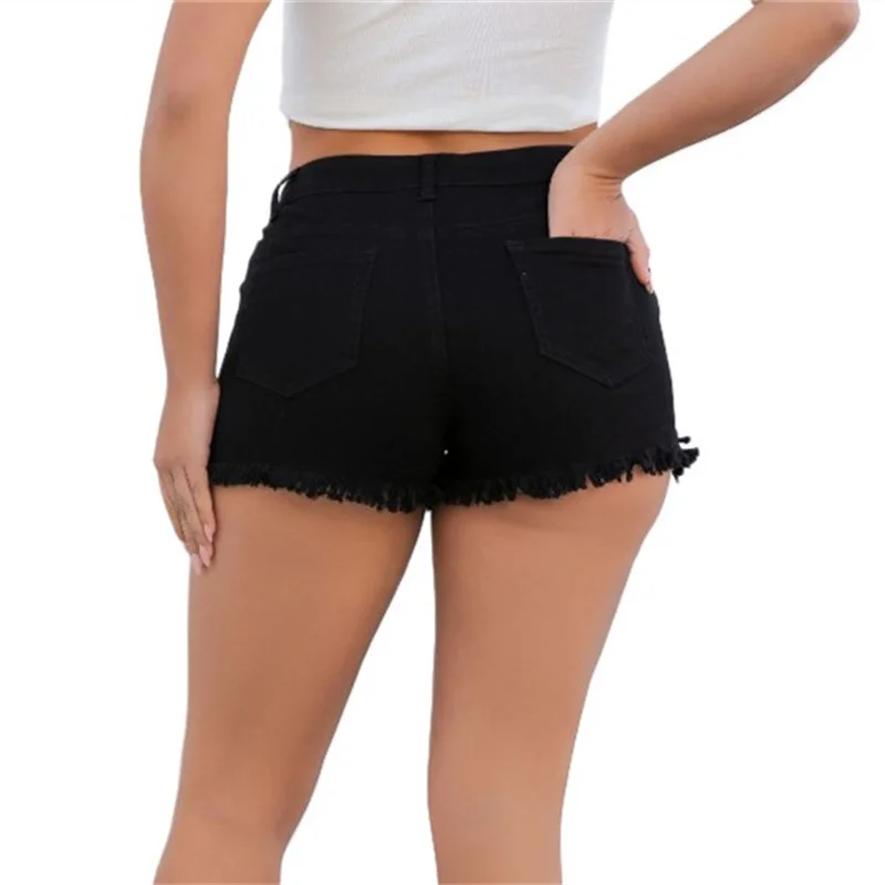 Women Solid Color Washed Denim Shorts Fashion Tassel Trouser Leg Decoration Three Quarter Pants Summer Casual Female Mini Jeans