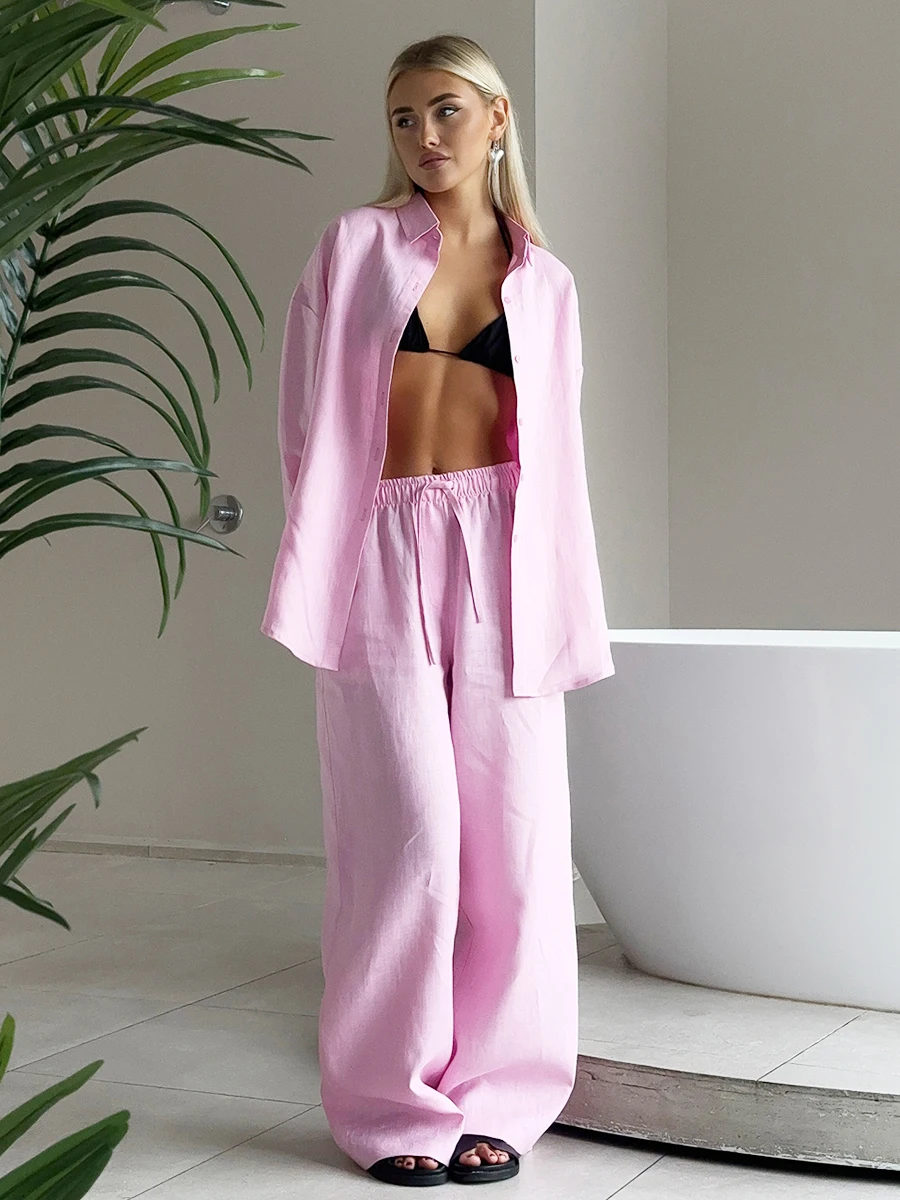 Bornladies Cotton Casual Pants Sets Women's Solid Color Cozy Lapel Long Sleeve Shirt Summer Outfit Elastic Waist Pants Suits