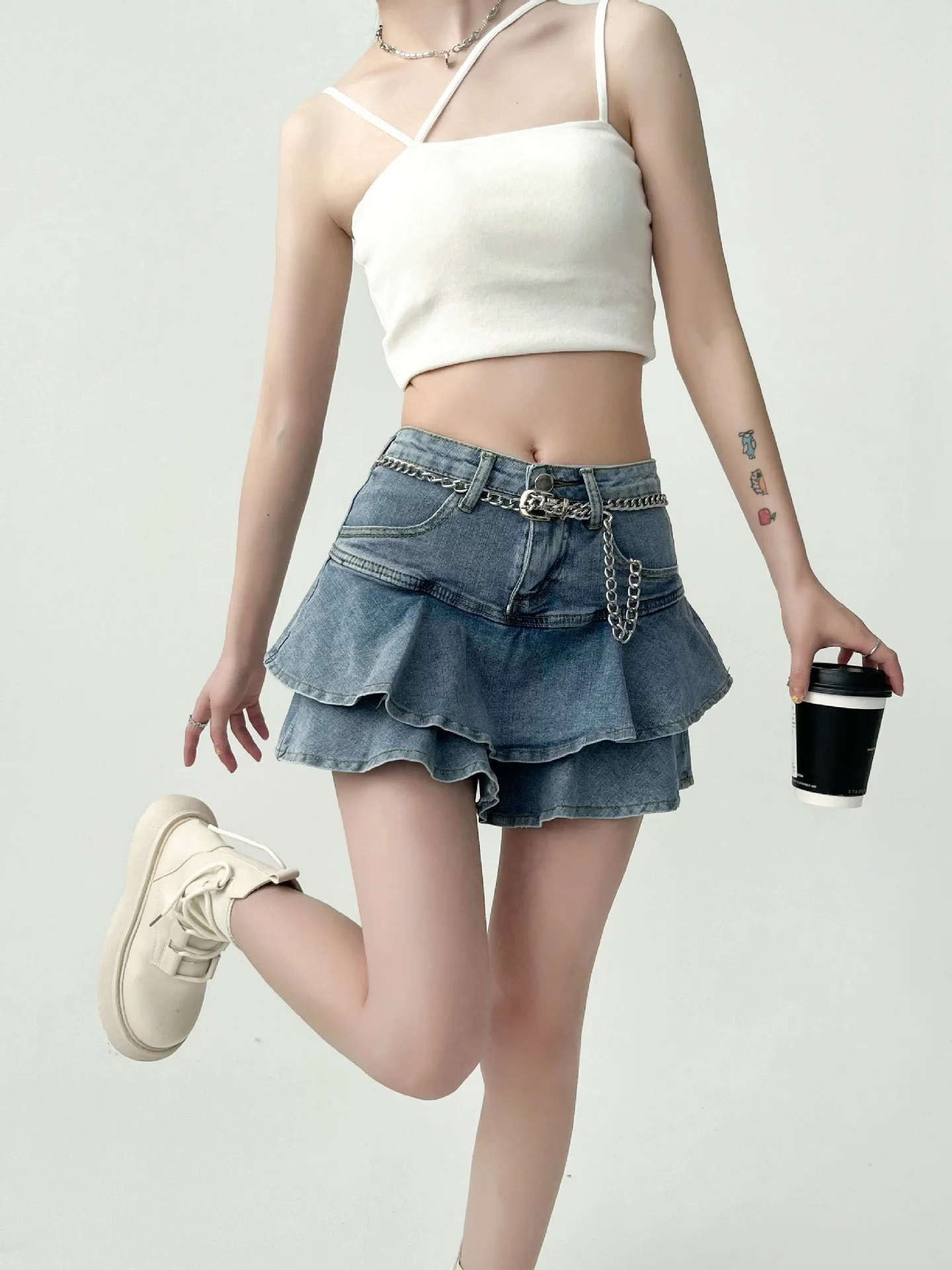 Spice Girls Denim Skirt Anti-Slip Double Denim Skirt Women's Stretch High-Waisted Slimming A-Line Cake Skirt